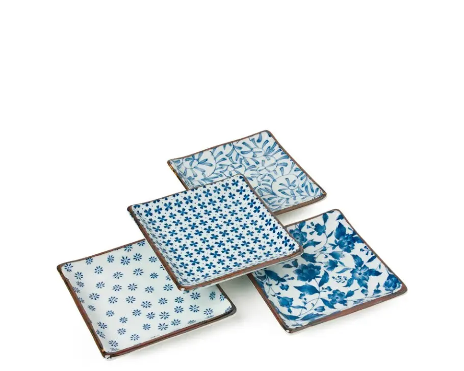 New MIYA Company Blue & White 5" Sq. Plate Set