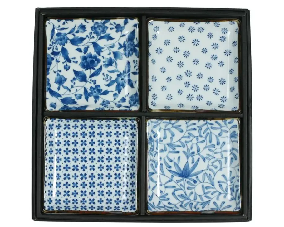 New MIYA Company Blue & White 5" Sq. Plate Set