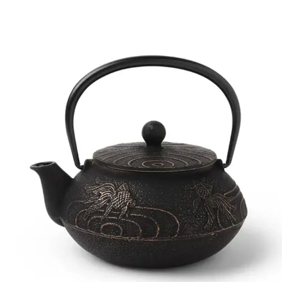 New MIYA Company Cast Iron Teapot Black Goldfish