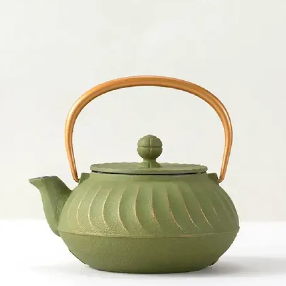 New MIYA Company Cast Iron Teapot Olive Green Wave Gold Handle