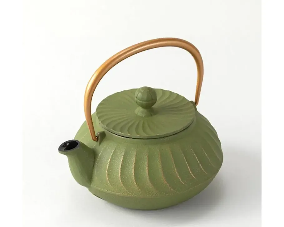 New MIYA Company Cast Iron Teapot Olive Green Wave Gold Handle