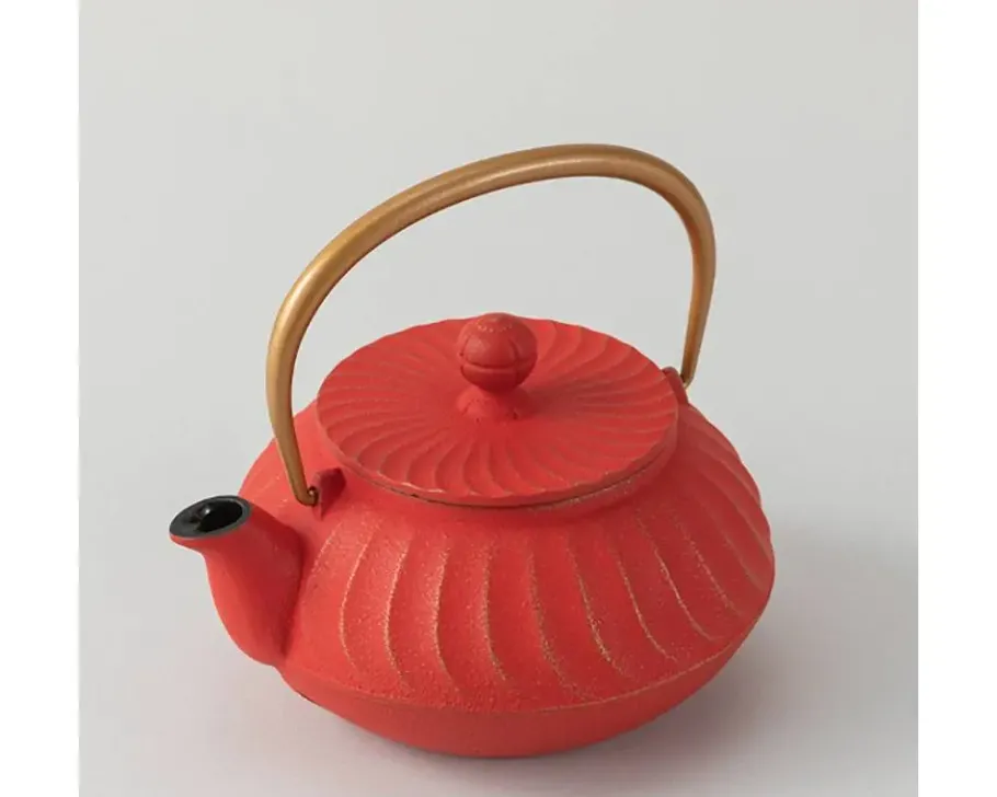 Clearance MIYA Company Cast Iron Teapot Red Wave Gold Handle
