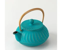 Sale MIYA Company Cast Iron Teapot Teal Wave Gold Handle