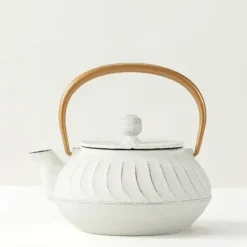 Sale MIYA Company Cast Iron Teapot White Wave Gold Handle