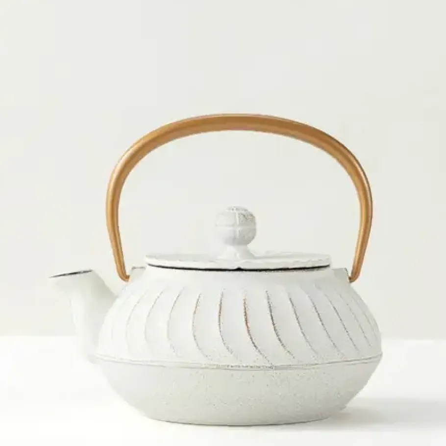 Sale MIYA Company Cast Iron Teapot White Wave Gold Handle