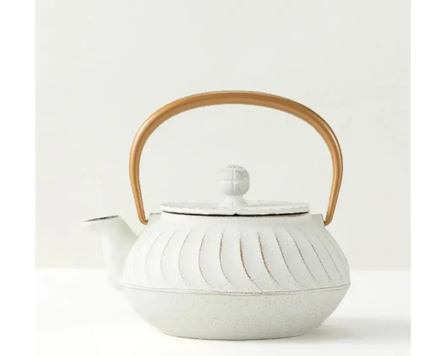 Sale MIYA Company Cast Iron Teapot White Wave Gold Handle