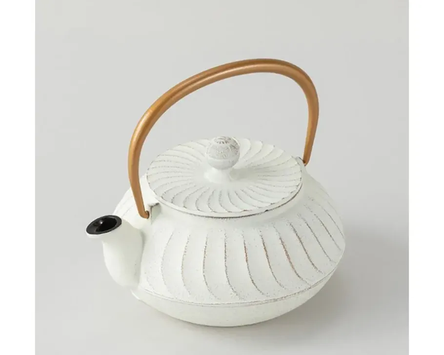 Sale MIYA Company Cast Iron Teapot White Wave Gold Handle