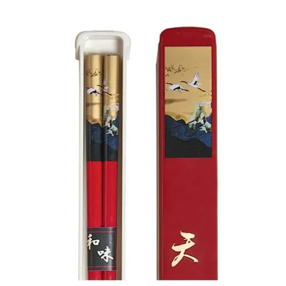 Clearance MIYA Company Cranes Chopsticks With Case - Red