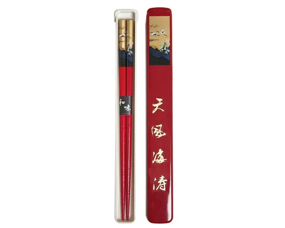Clearance MIYA Company Cranes Chopsticks With Case - Red